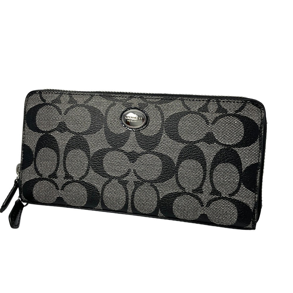 Coach Signature‎ C Monogram Zip Around Wallet Black Beige Canvas Leather